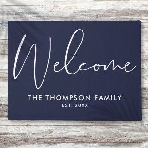 Navy Blue Custom Family Name Welcome Doormat