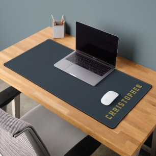 Navy Blue Custom Gold Retro Name Minimalist Men Desk Mat