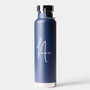 Navy Blue Custom Monogram Script Name Stylish Water Bottle