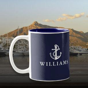 Navy Blue Custom Name Nautical Boat Anchor Two-Tone Coffee Mug