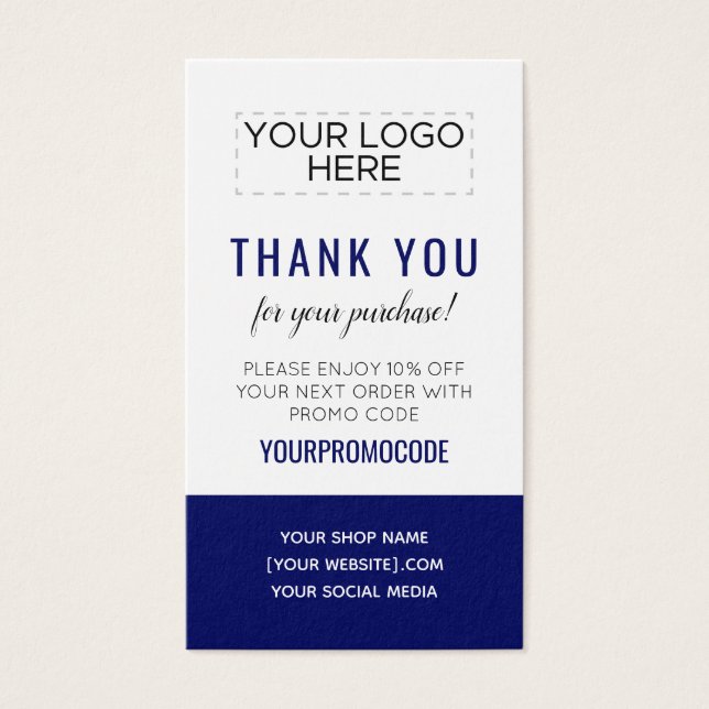 Navy Blue Custom Promo Code Discount Card (Front)