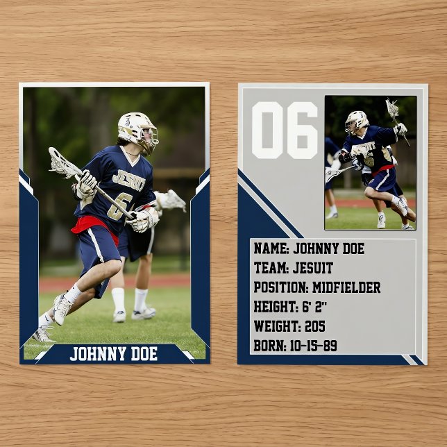 Navy Blue Custom Sports Trading Card Pack (100) (Navy blue sports trading cards on desk. Personalize with player photos and text. Great senior gift!)
