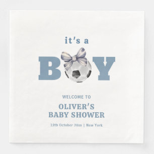 Navy Blue Cute Bow Soccer Boy Baby Shower Welcome Napkin