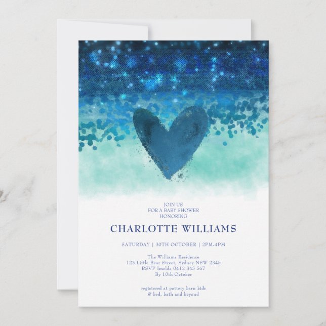 Navy Blue Cute Heart Watercolor Baby Boy Shower Invitation (Front)
