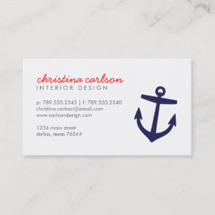 Navy Blue Cute Nautical Anchor & Stripes Business Card