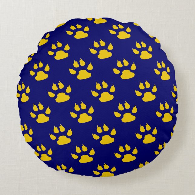 Navy Blue Cute Paw Pattern Print Round Cushion (Front)