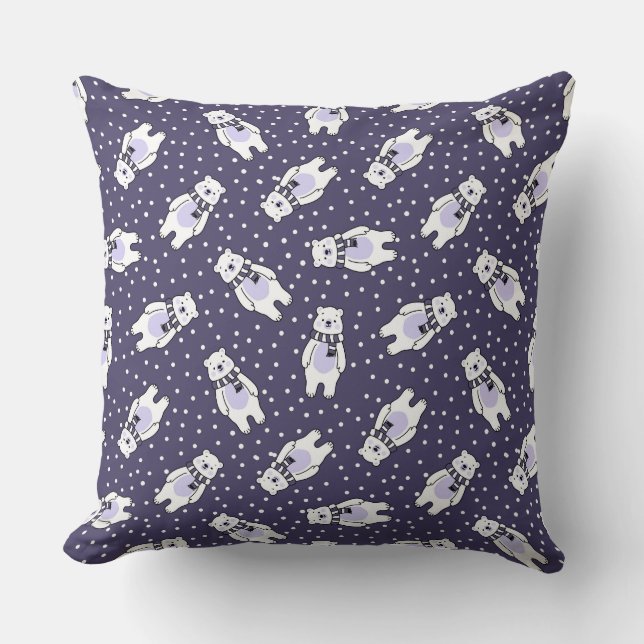 Navy blue cute snow polar bear pattern cushion (Front)