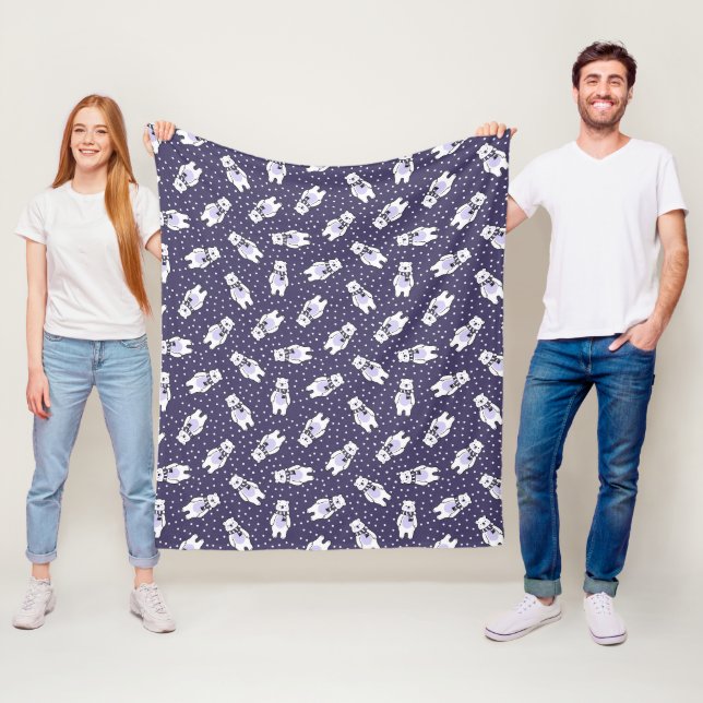 Navy blue cute snow polar bear pattern fleece blanket (In Situ)