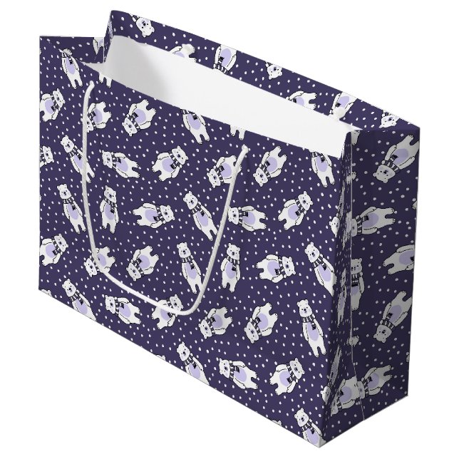 Navy blue cute snow polar bear pattern large gift bag (Front Angled)