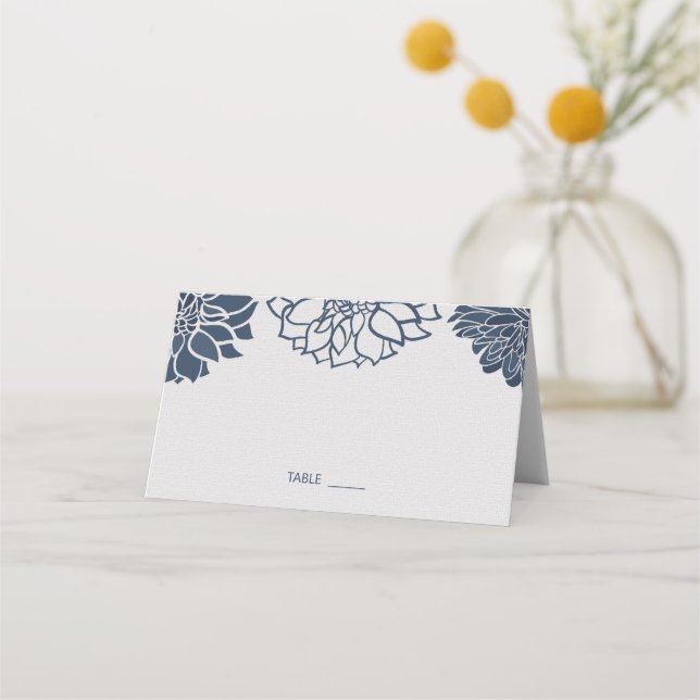 Navy Blue Dahlia Floral Wedding Place Card (Front)