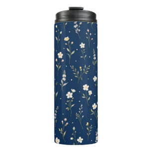 Navy Blue Dainty Wildflower Pattern Thermal Tumbler