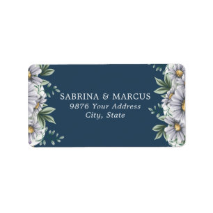 Navy Blue Daisy Floral Leaves Wedding Address Label