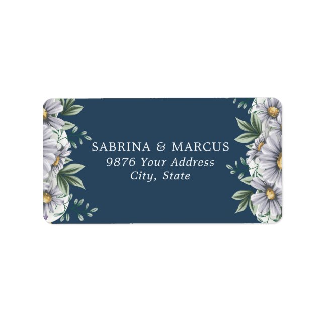 Navy Blue Daisy Floral Leaves Wedding Address  Label (Front)