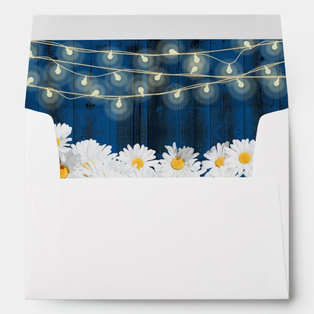 Navy Blue Daisy Flowers Rustic Wedding Envelope (Back (Bottom))