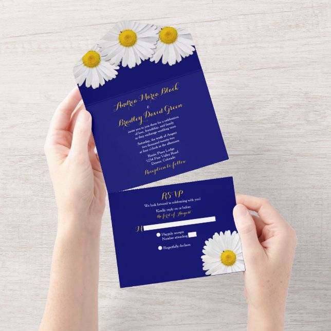 Navy Blue Daisy Wedding RSVP All In One Invitation (Tearaway)