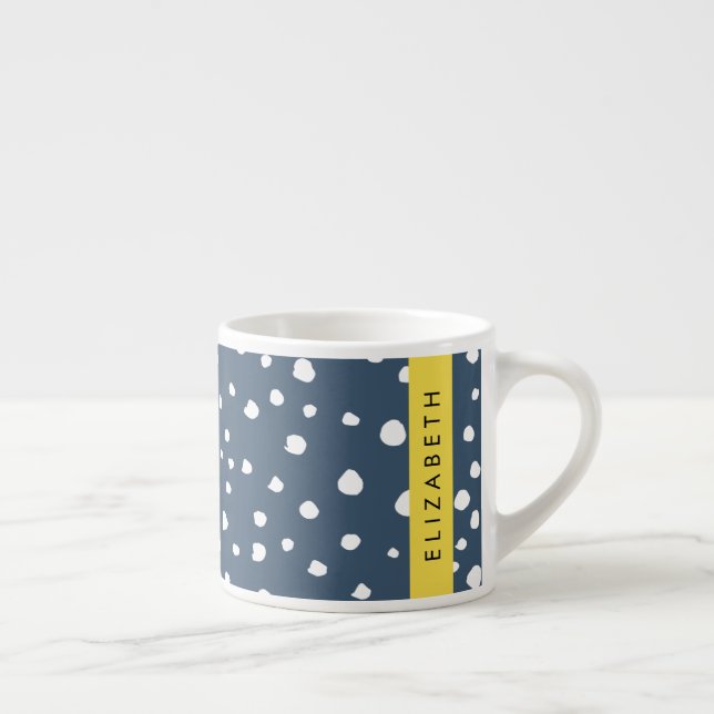 Navy Blue Dalmatian Dots, Spots, Dotted, Your Name Espresso Cup (Right)