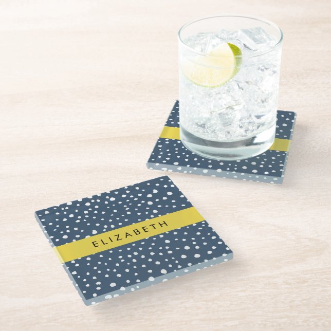 Navy Blue Dalmatian Dots, Spots, Dotted, Your Name Glass Coaster (Angled)
