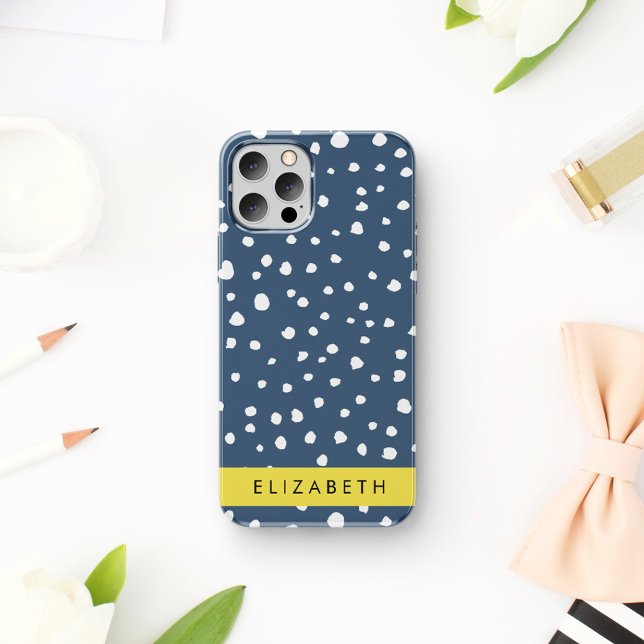 Navy Blue Dalmatian Dots, Spots, Dotted, Your Name iPhone 16 Case (Creator Uploaded)