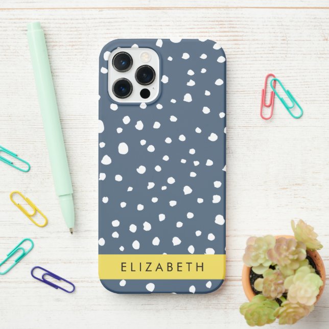 Navy Blue Dalmatian Dots, Spots, Dotted, Your Name iPhone Case (On Desk)