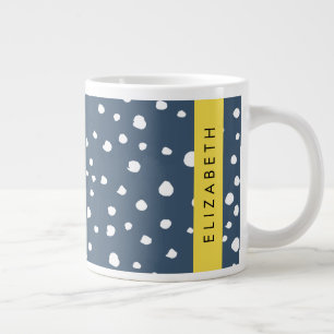 Navy Blue Dalmatian Dots, Spots, Dotted, Your Name Large Coffee Mug