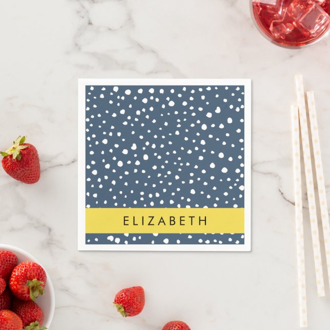 Navy Blue Dalmatian Dots, Spots, Dotted, Your Name Napkin (Insitu)