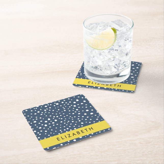 Navy Blue Dalmatian Dots, Spots, Dotted, Your Name Square Paper Coaster (Insitu)