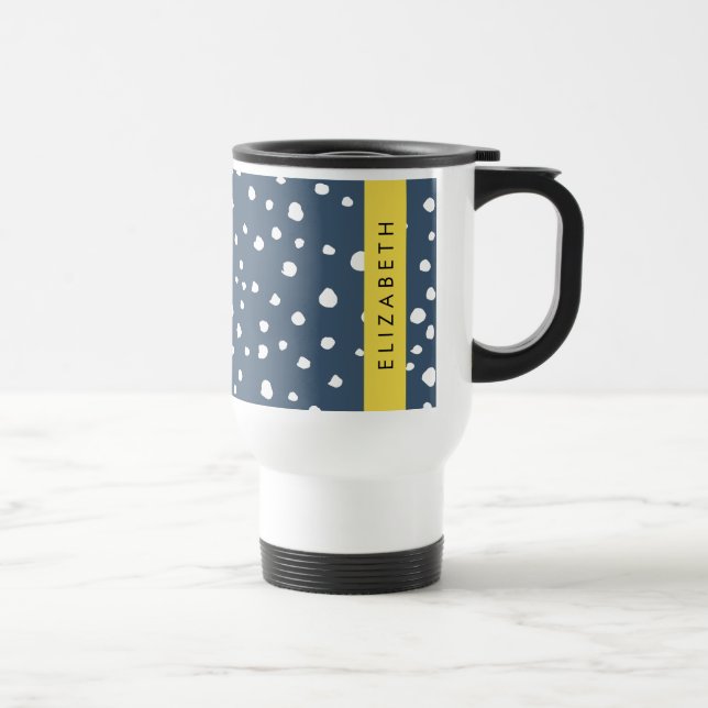 Navy Blue Dalmatian Dots, Spots, Dotted, Your Name Travel Mug (Right)