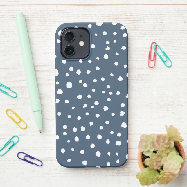 Navy Blue Dalmatian Spots, Dalmatian Dots, Dotted iPhone Case (On Desk)
