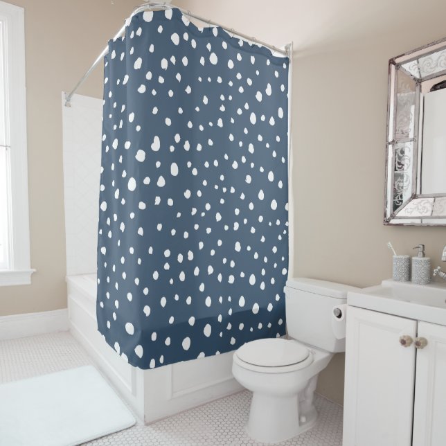 Navy Blue Dalmatian Spots, Dalmatian Dots, Dotted Shower Curtain (In Situ)