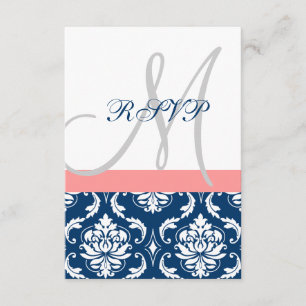 Navy Blue Damask Coral Initial Wedding RSVP Card