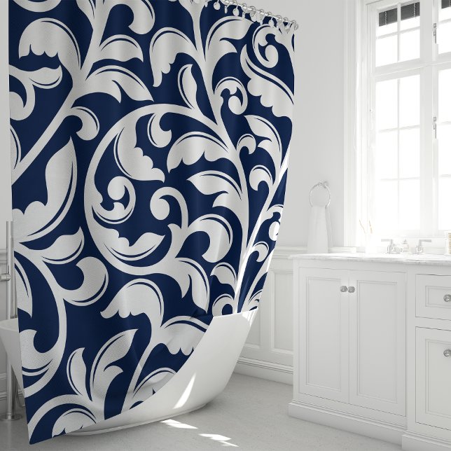 Navy Blue Damask Floral Vine Shower Curtain (Creator Uploaded)