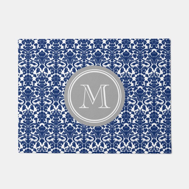 Navy Blue Damask Grey Monogram Doormat (Front)
