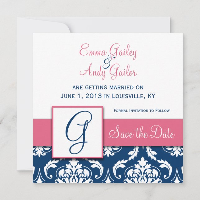 Navy Blue Damask Monogram G Save the Date Pink (Front)