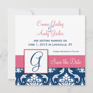 Navy Blue Damask Monogram G Save the Date Pink