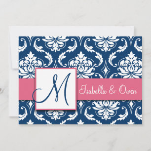 Navy Blue Damask Monogram Invitation Pink