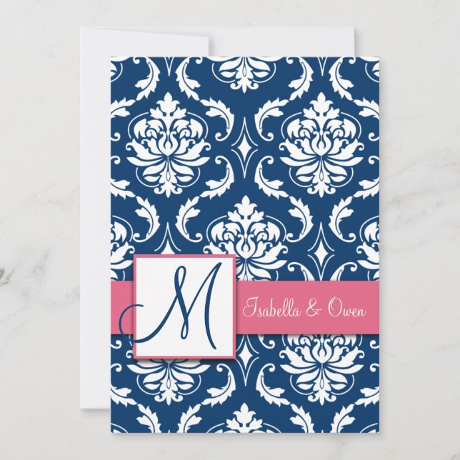 Navy Blue Damask Monogram Invitation Pink (Front)