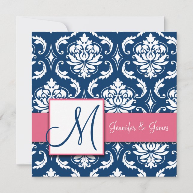 Navy Blue Damask Monogram Invitations Honeysuckle (Front)
