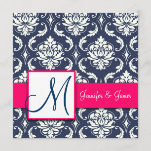 Navy Blue Damask Monogram Invitations Hot Pink