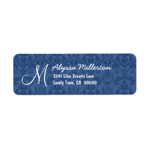 Navy Blue Damask Monogram M Ver 001 Address Label