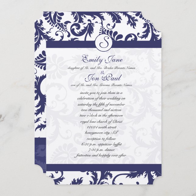 Navy Blue Damask Monogram Wedding Invitation (Front/Back)