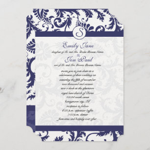 Navy Blue Damask Monogram Wedding Invitation
