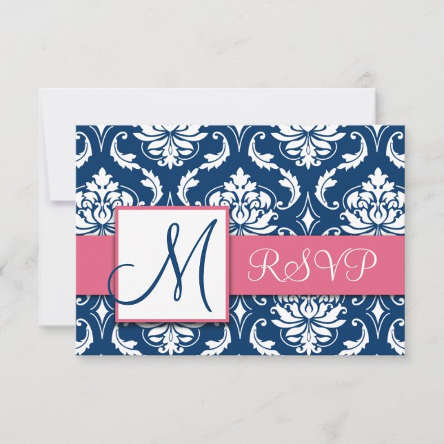 Navy Blue Damask Monogram Wedding RSVP Pink Card (Front)