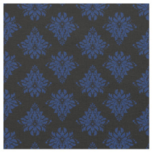 Navy Blue Damask on Black Fabric