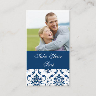 Navy Blue Damask Photo Wedding Place Card