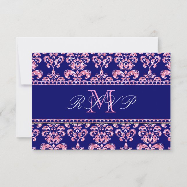 Navy Blue Damask Pink Glitter Wedding RSVP Card (Front)