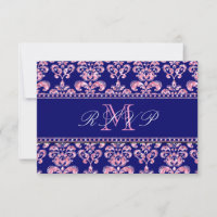 Navy Blue Damask Pink Glitter Wedding RSVP