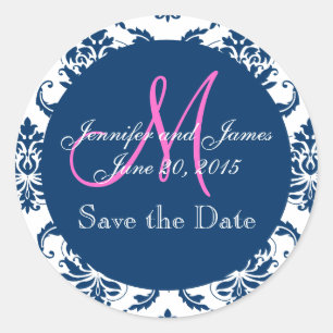 Navy Blue Damask Pink Monogram Save the Date Classic Round Sticker