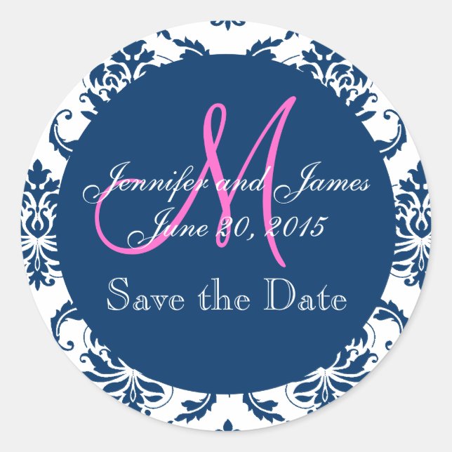Navy Blue Damask Pink Monogram Save the Date Classic Round Sticker (Front)