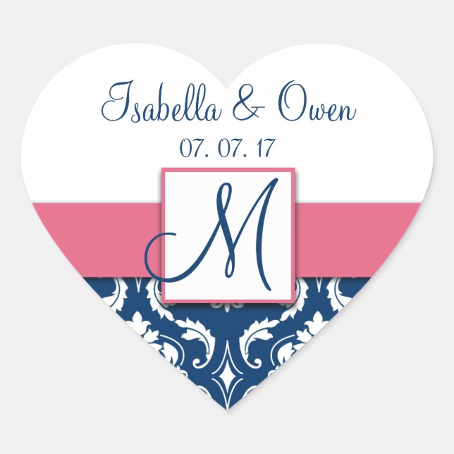 Navy Blue Damask Pink Save the Date Sticker (Front)