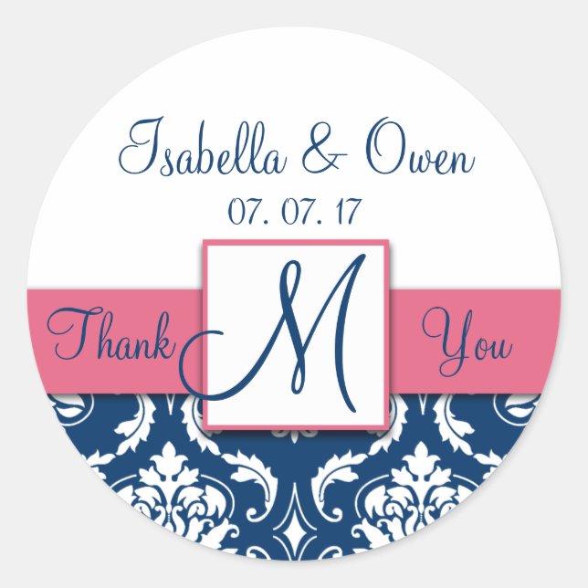 Navy Blue Damask Pink Wedding Thank You Sticker (Front)